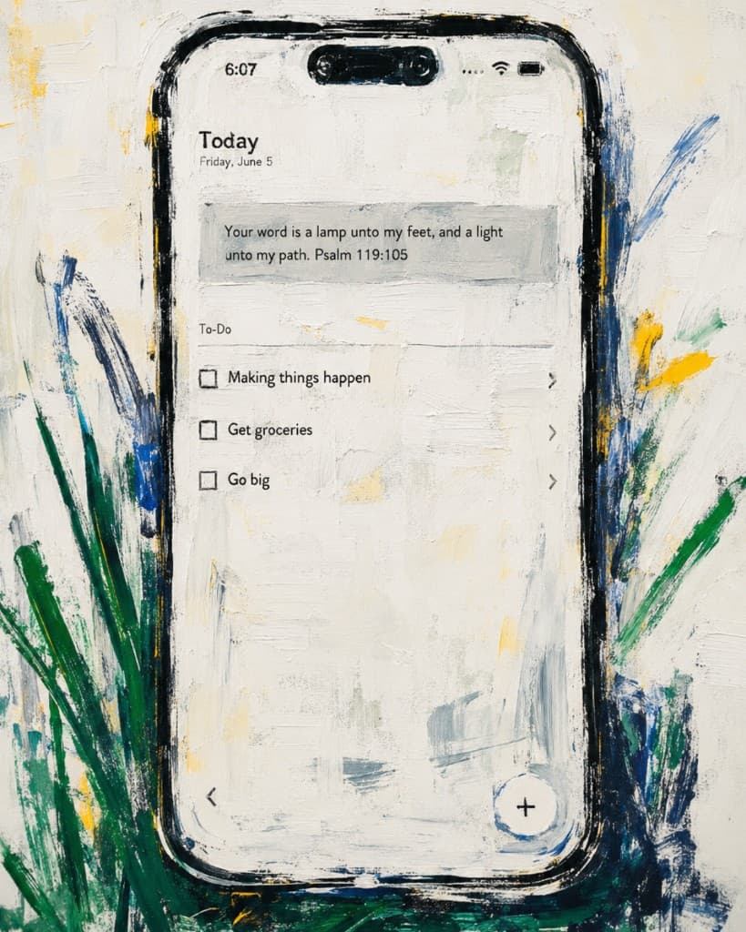 Done app on a phone in a painted field of grass